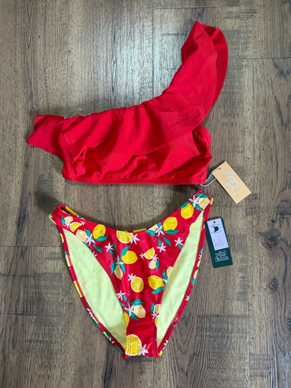 NWT! KONA SOL - WIL FABLE fruit print 🍋🍋 One-Shoulder Ruffle Bikini Set M 8-10